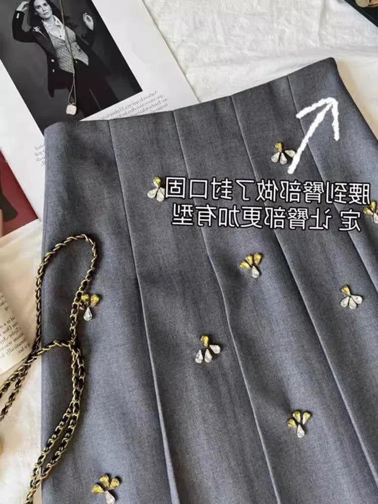 Simple Fashion Embroidery Beading Gray Skirt for Women 2025 Spring Autumn New Ruched Skirts Y2k High Waist Faldas Mujer