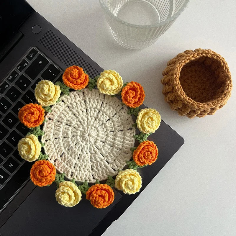Crochet Flower Coaster Hand Knitted Coaster Rose Placemat Table Ornament Cup Pad Crochet Flower Cupmat Creative Coaster Gifts