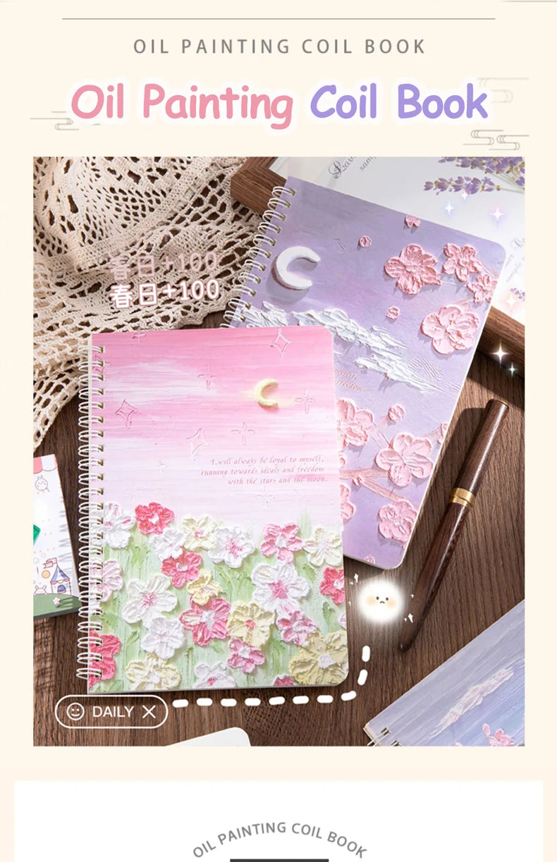 A5 Oil Painting Cover Coil Lined Notebook Set 1/2 Random Cute Books Kawaii Korean Stationery School Supplies for Students