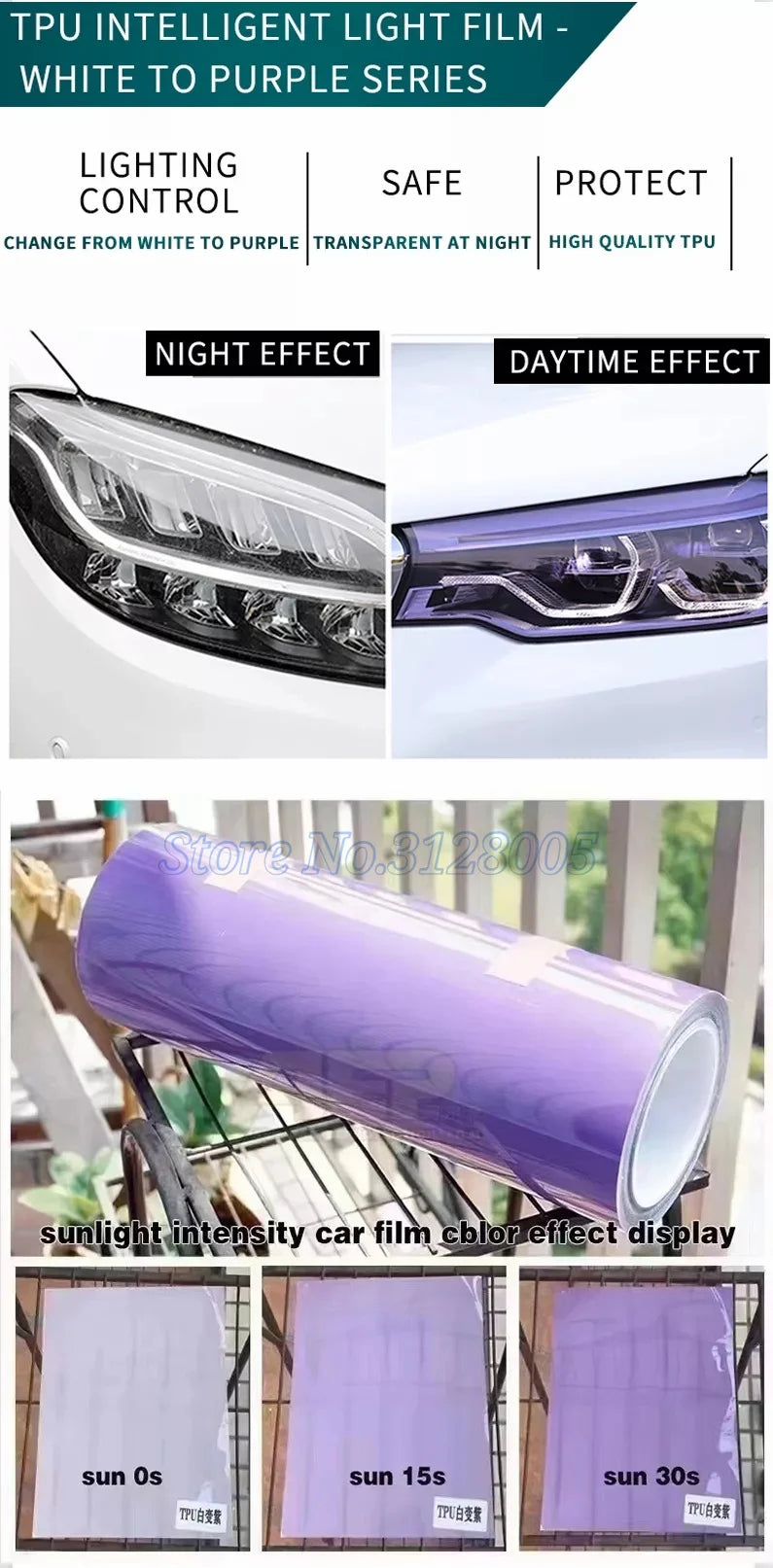 60 50CM 40CM 30CM Car Styling PPF TPU Smart Photochromic Headlight Protection Film Color-Changing Self-healing Anti-scratch Film