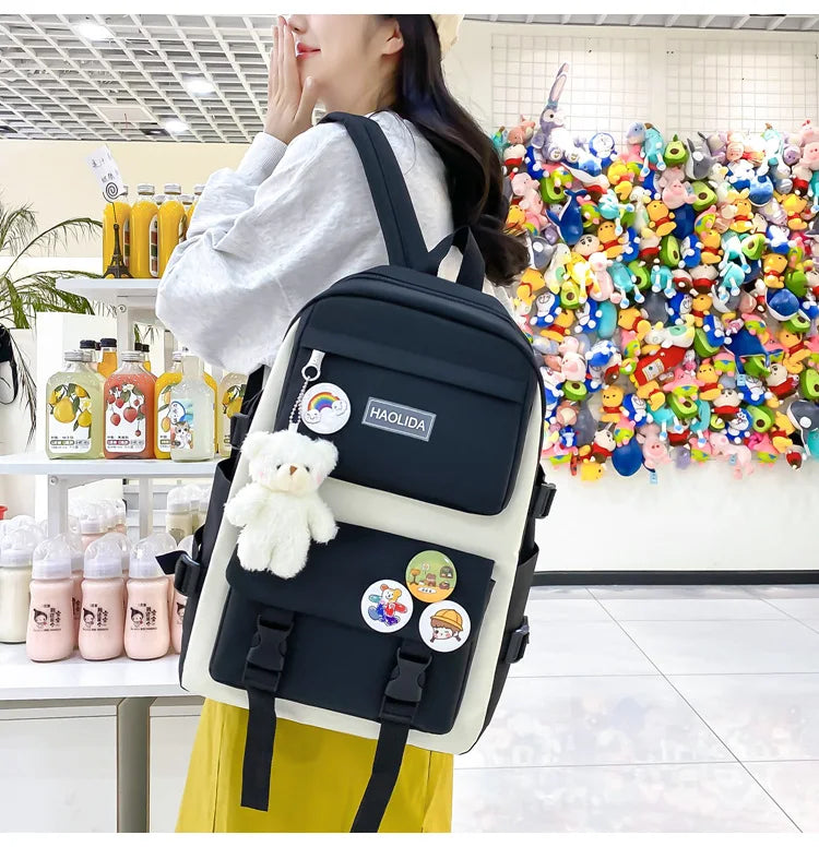 Autumn New Canvas Backpack Women's Korean Version Large Capacity Five-Piece Set Middle School Student Backpack College Student S