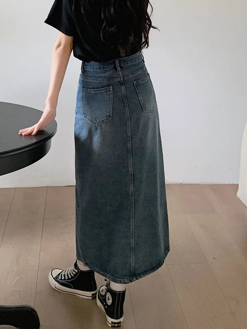 Women's Denim Wrap Skirts Retro High Waisted Split A-line Denim Skirt Autumn Fashion Straight Skirt Female