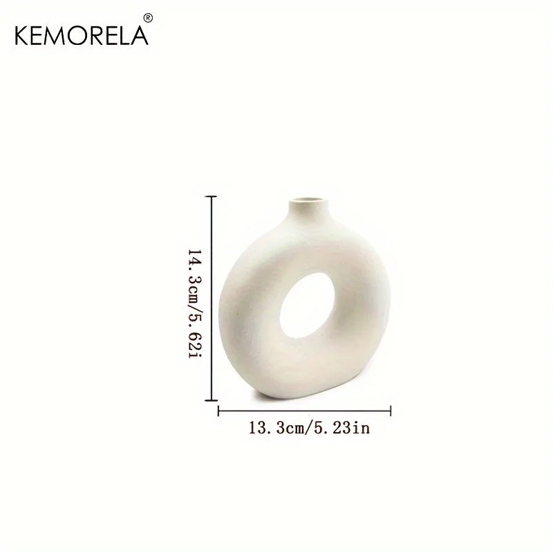 Nordic Style Ceramic Donut Shaped Vase Hollow Circular Flower Pot for Home Living Room Office Desktop Decorative Accessory Gift