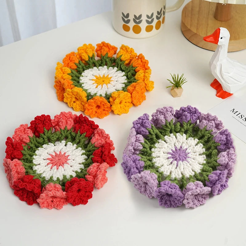 Crochet Flower Coaster Hand Knitted Coaster Rose Placemat Table Ornament Cup Pad Crochet Flower Cupmat Creative Coaster Gifts
