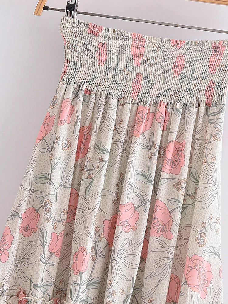 Vintage Chic Summer Fashion Women Floral Print Beach Bohemian Long Skirts High Elastic Waist Maxi  A-Line Boho Skirt Femme