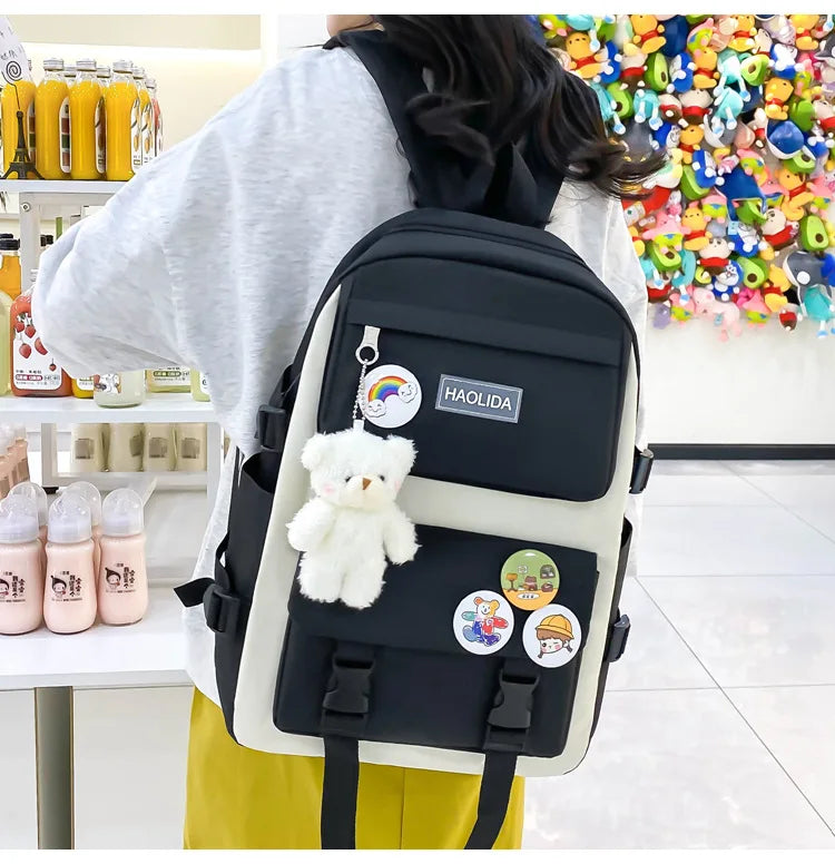 Autumn New Canvas Backpack Women's Korean Version Large Capacity Five-Piece Set Middle School Student Backpack College Student S