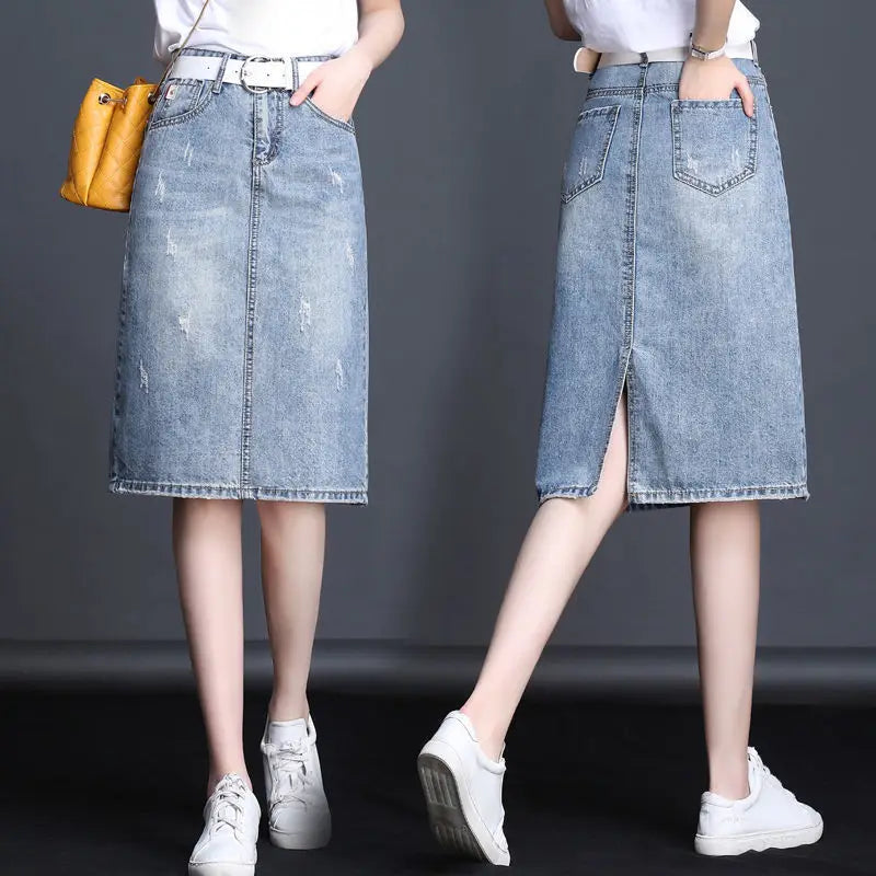 Female Jeans Skirts Coquette Chubby Midi Women's Denim Skirt Sexy New in Vintage Aesthetic Y2k 2024 Trend Summer A Line Casual V