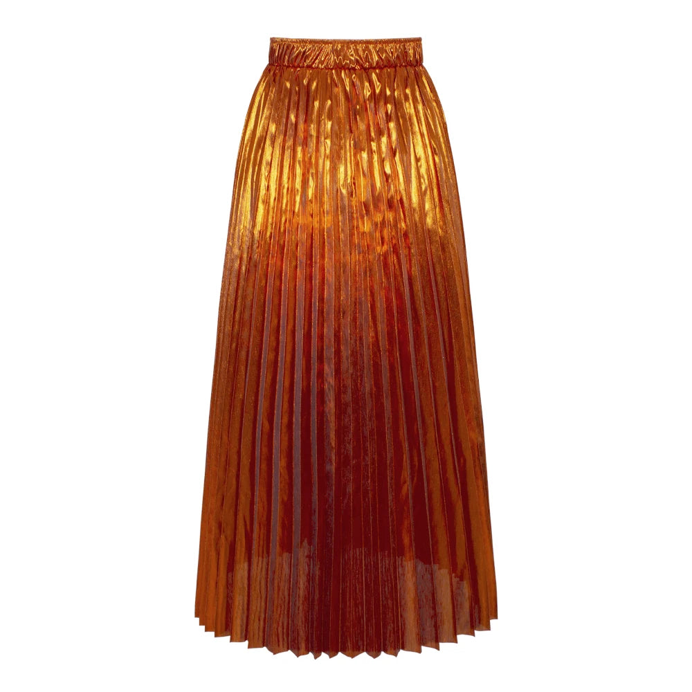 SISHION 2025 New Spring Shiny Long Midi Skirts for Women SS0039 Elastic Waist Metallic Elegant Fashion Golden Black Pink Skirt