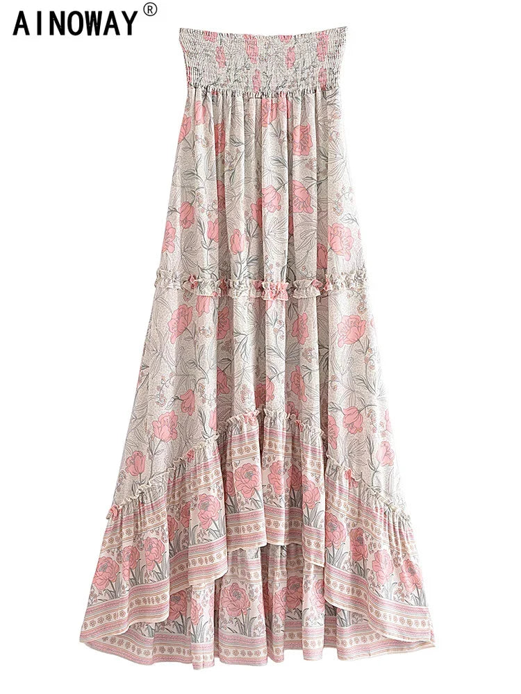 Vintage Chic Summer Fashion Women Floral Print Beach Bohemian Long Skirts High Elastic Waist Maxi  A-Line Boho Skirt Femme