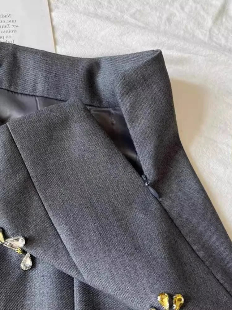 Simple Fashion Embroidery Beading Gray Skirt for Women 2025 Spring Autumn New Ruched Skirts Y2k High Waist Faldas Mujer