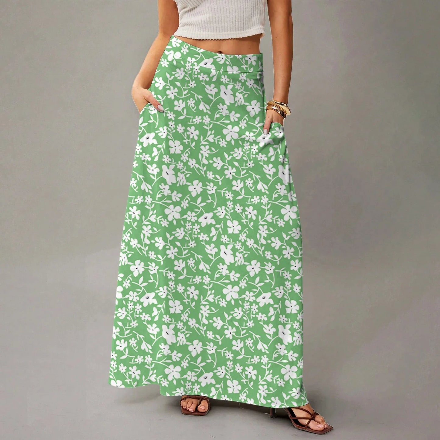 Women's Straight Skirt Casual Summer Floral Print Bohemian Skirt Flowing Maxi Skirts with pockets High waist Elastic skirt