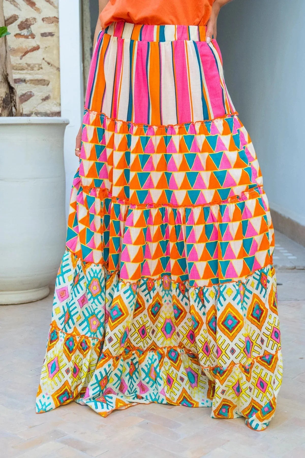 Printed Ruffles A-line Skirt Women Fashion Casual Bohemian Vacation Commuting Style Loose Long Skirts Trendy Female Clothing