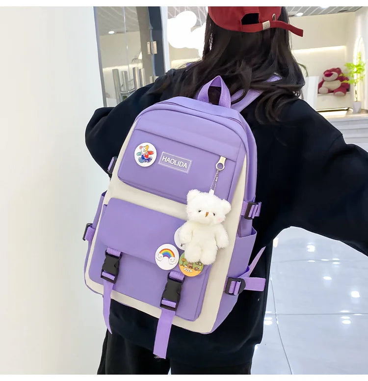 Autumn New Canvas Backpack Women's Korean Version Large Capacity Five-Piece Set Middle School Student Backpack College Student S