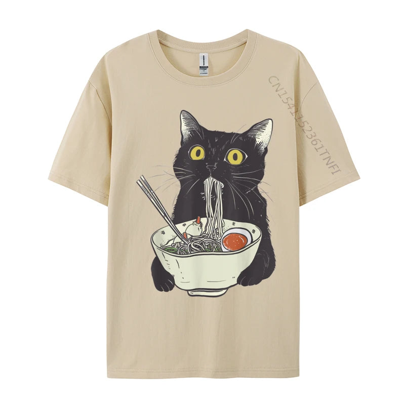 Funny Cat Eating Ramen Vintage Japanese Noodles Geek Normal All Cotton Mens Tops T Shirt Casual Tees 2024 Hot Sale T Shirts