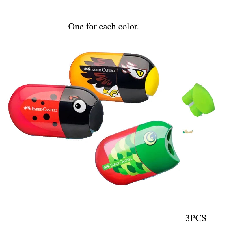 Faber-Castell Double-Hole Sharpener with Eraser – Cute Ladybug, Fish & Eagle Designs for Back-to-School Stationery Fans