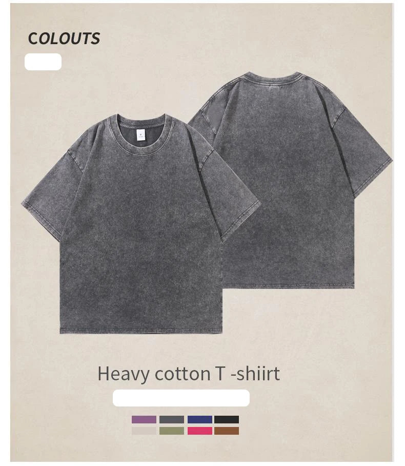 Washed Vintage T-Shirts Men's Street Hip Hop Retro Punk T Shirt Harajuku Casual 250gsm Cotton Short Sleeve Acid Wash TShirts Top