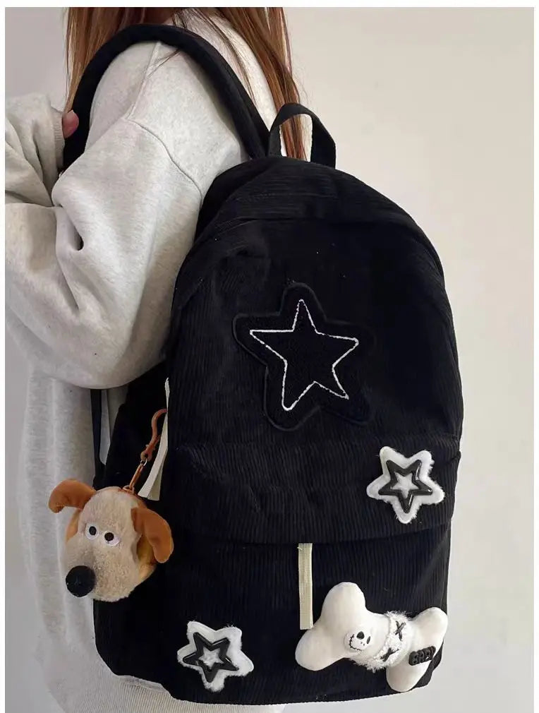 Starry Y2K Corduroy Backpack – Big Space, Bold Style for Trendy Teens!