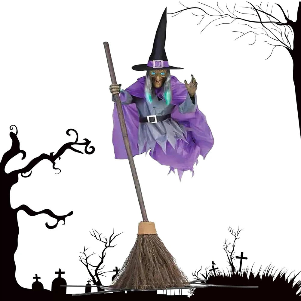 Halloween Props with Terrifying Sounds and Lights Fun Costumes Flying Scary Witch Broom Wizard Decor for Garden Yard Lawn Indoor