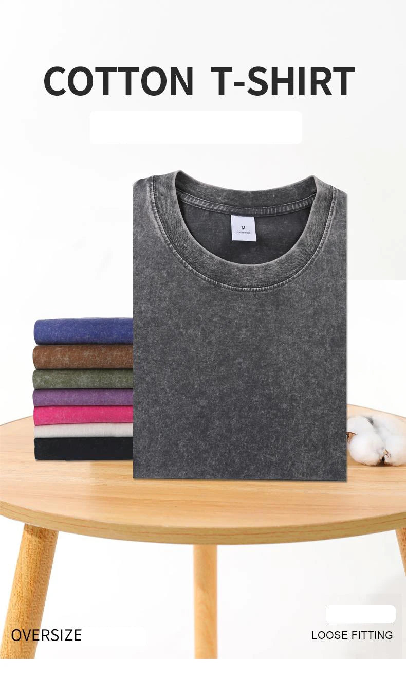 Washed Vintage T-Shirts Men's Street Hip Hop Retro Punk T Shirt Harajuku Casual 250gsm Cotton Short Sleeve Acid Wash TShirts Top