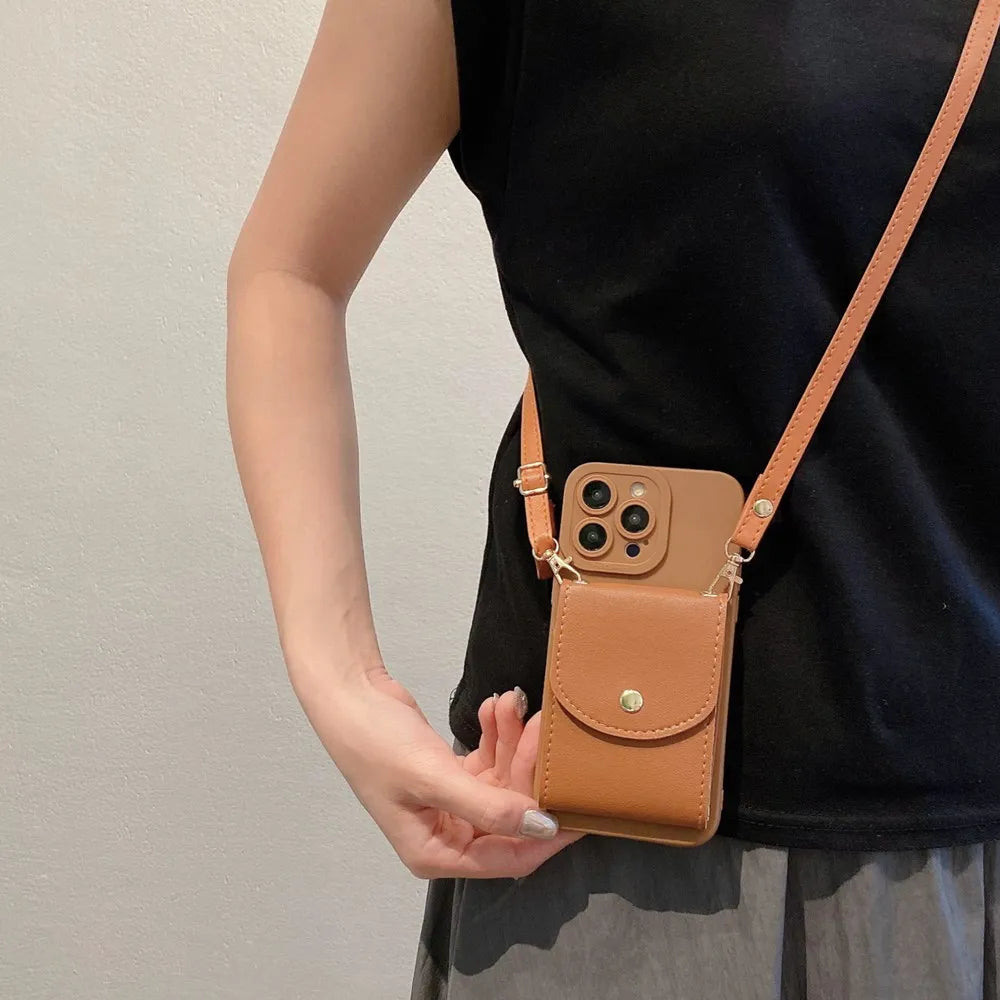 Wallet Leather Crossbody Neckband Lanyard Phone Case for iPhone 16 11 15 13 14 Pro Max XR X XS Max Multi Card Slot Purse Cover