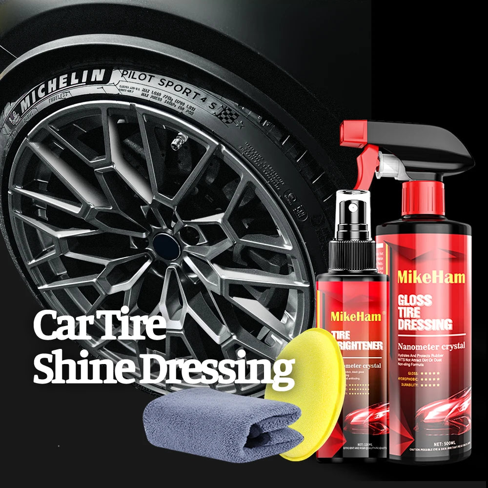 MikeHam Car Tire Shine Dressing Spray Long Lasting High Gloss Tire Coating Care Black Wet Look UV Protection & Waterproof 500ml