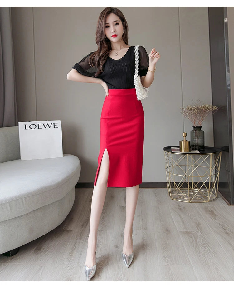 Seoulish 2024 New Spring Summer Mid length Women's Skirt Elegant Office Lady Style Solid Split Mid Length Skirts Female