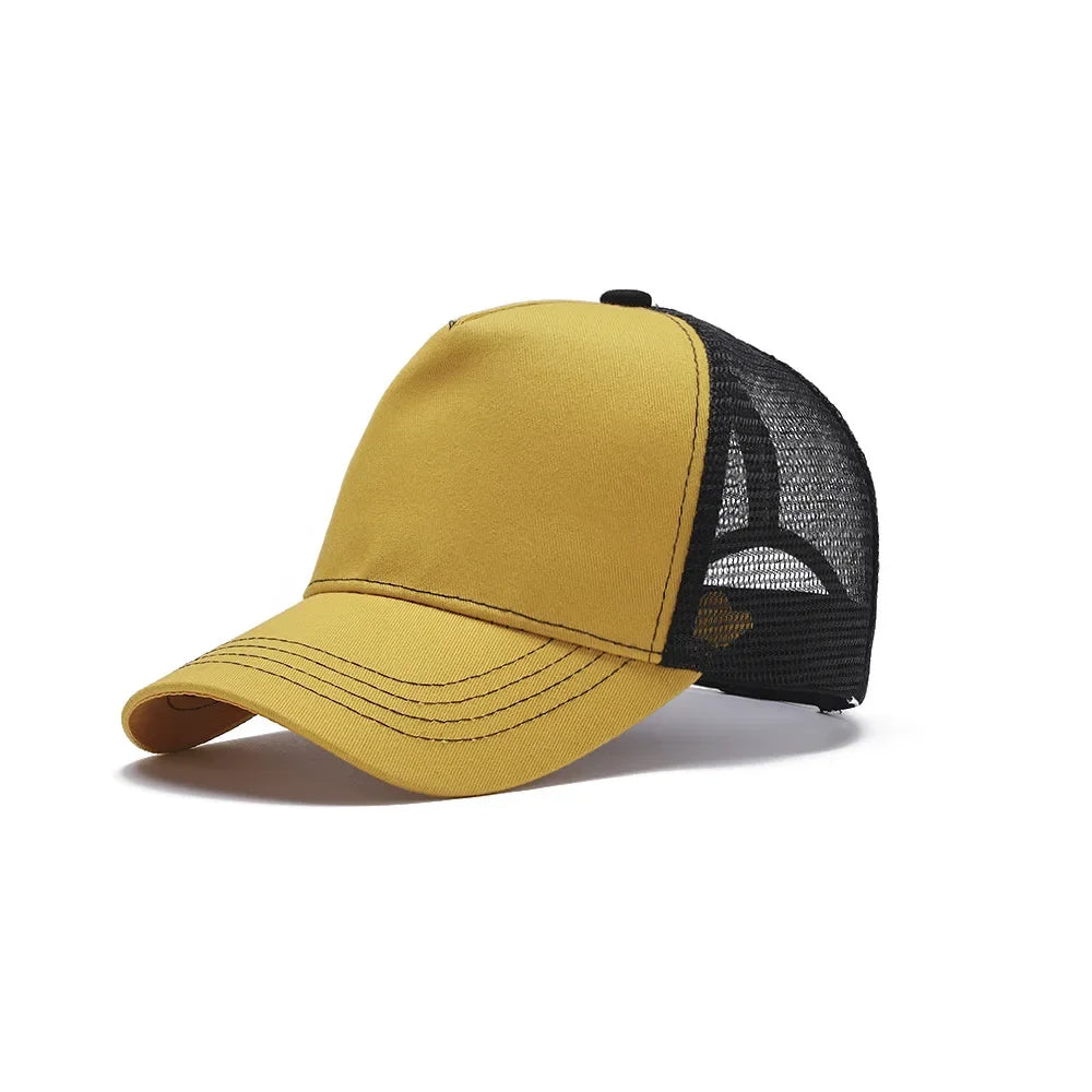 Custom Logo Print Basic Solid Color Mesh Breathable Baseball Cap Summer Sunshade Mesh 5 Panels Truck Driver Cap Wholesale