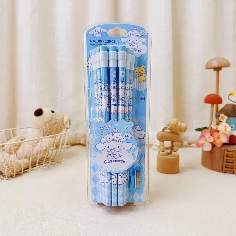 Sanrio HB Pencil Set – 12 Cute Cinnamoroll & Kuromi Pencils + 1 Roller Box for Writing & Drawing Fun
