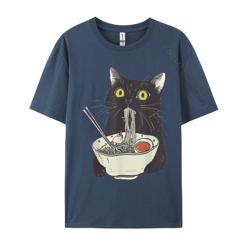 Funny Cat Eating Ramen Vintage Japanese Noodles Geek Normal All Cotton Mens Tops T Shirt Casual Tees 2024 Hot Sale T Shirts