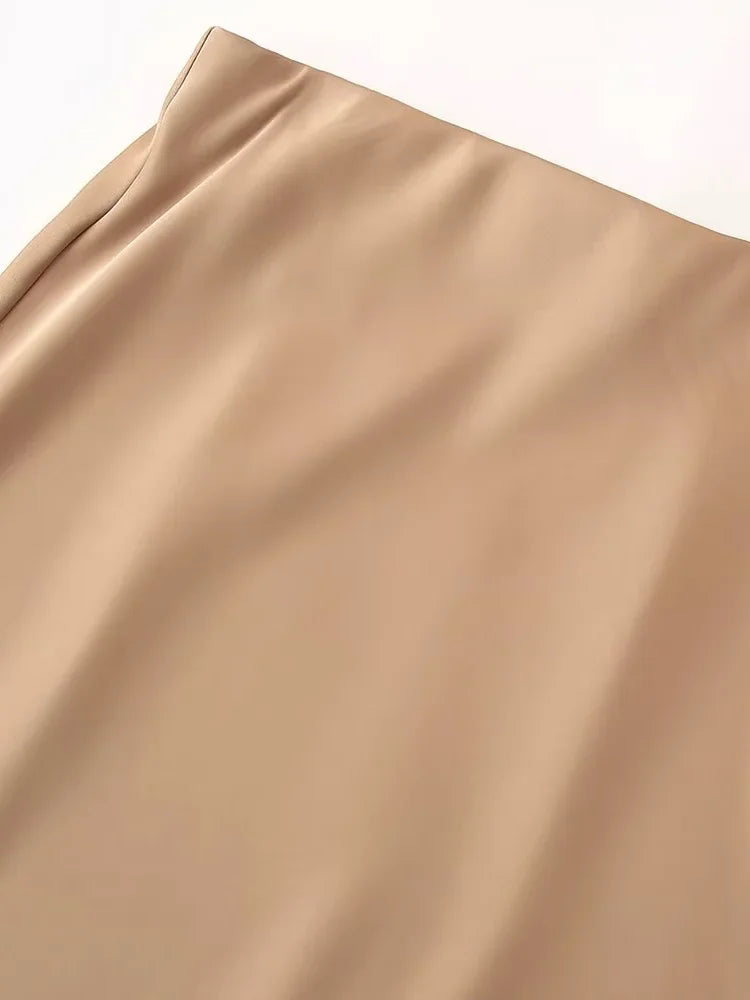 Zevity 2024 Women Fashion Soft Touch Satin A Line Midi Skirt Faldas Mujer Female Solid Elastic Waist Slim Party Vestidos QUN6227