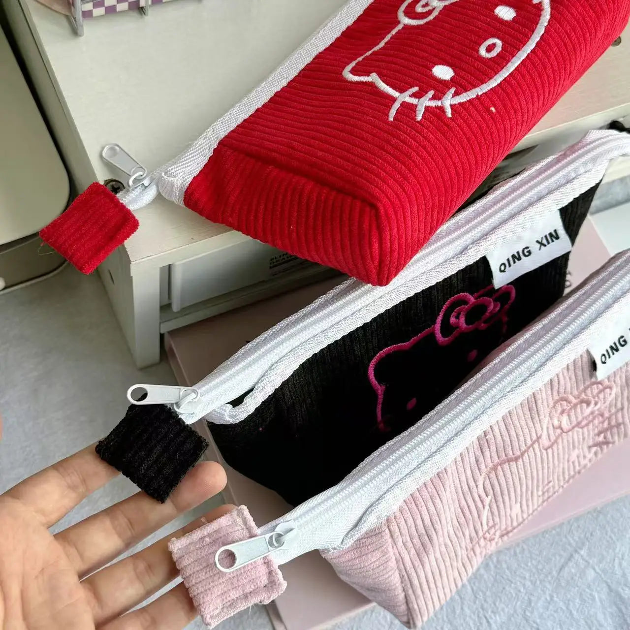 Hello Kitty Corduroy Pencil Case – 2-Layer Sanrio Stationery Organizer