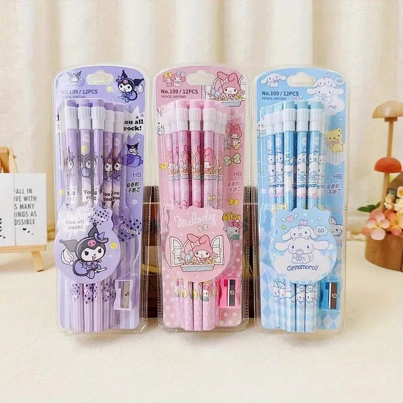 Sanrio HB Pencil Set – 12 Cute Cinnamoroll & Kuromi Pencils + 1 Roller Box for Writing & Drawing Fun