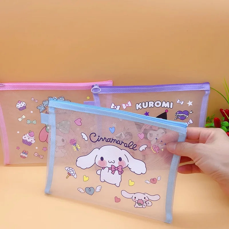 Sanrio A5 Mesh Zipper Pouch – Cute Melody, Kuromi & Cinnamoroll Document Organizer for School & Stationery Fans