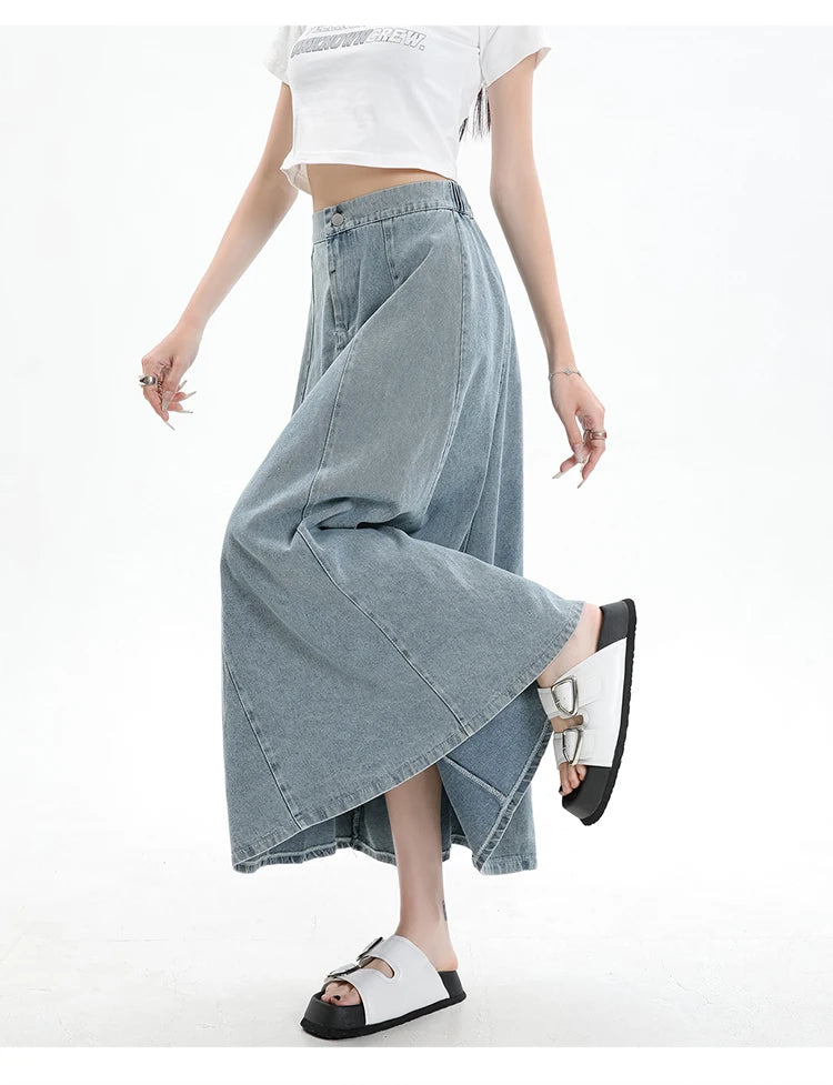 Long Denim Skirt Women 2024 Spring Summer New Arrivals High Elastic Waist A Line Jeans Skirts Korean Fashion Casual Blue Skirts