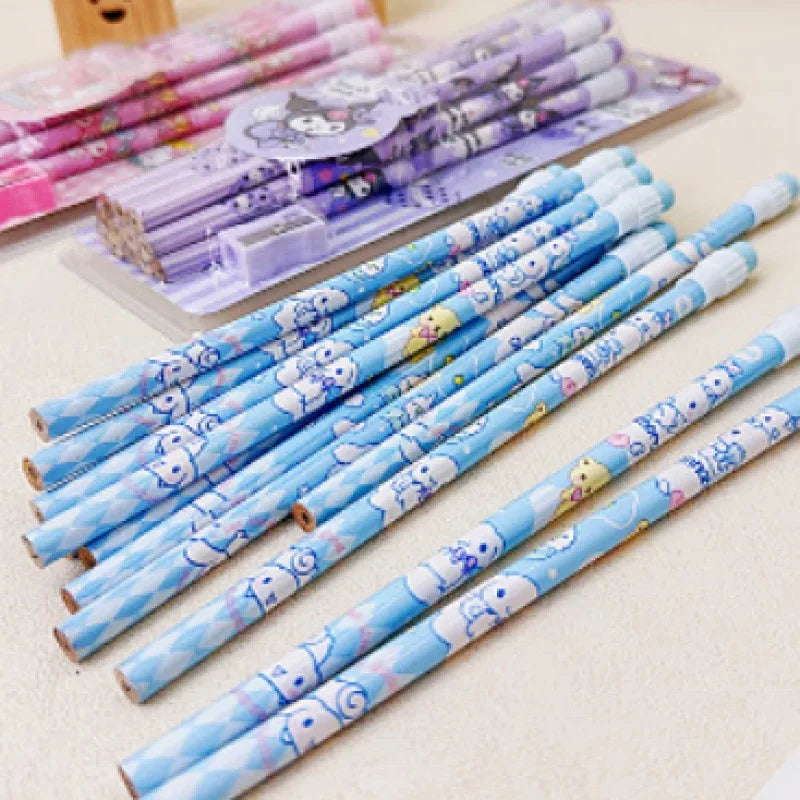 Sanrio HB Pencil Set – 12 Cute Cinnamoroll & Kuromi Pencils + 1 Roller Box for Writing & Drawing Fun