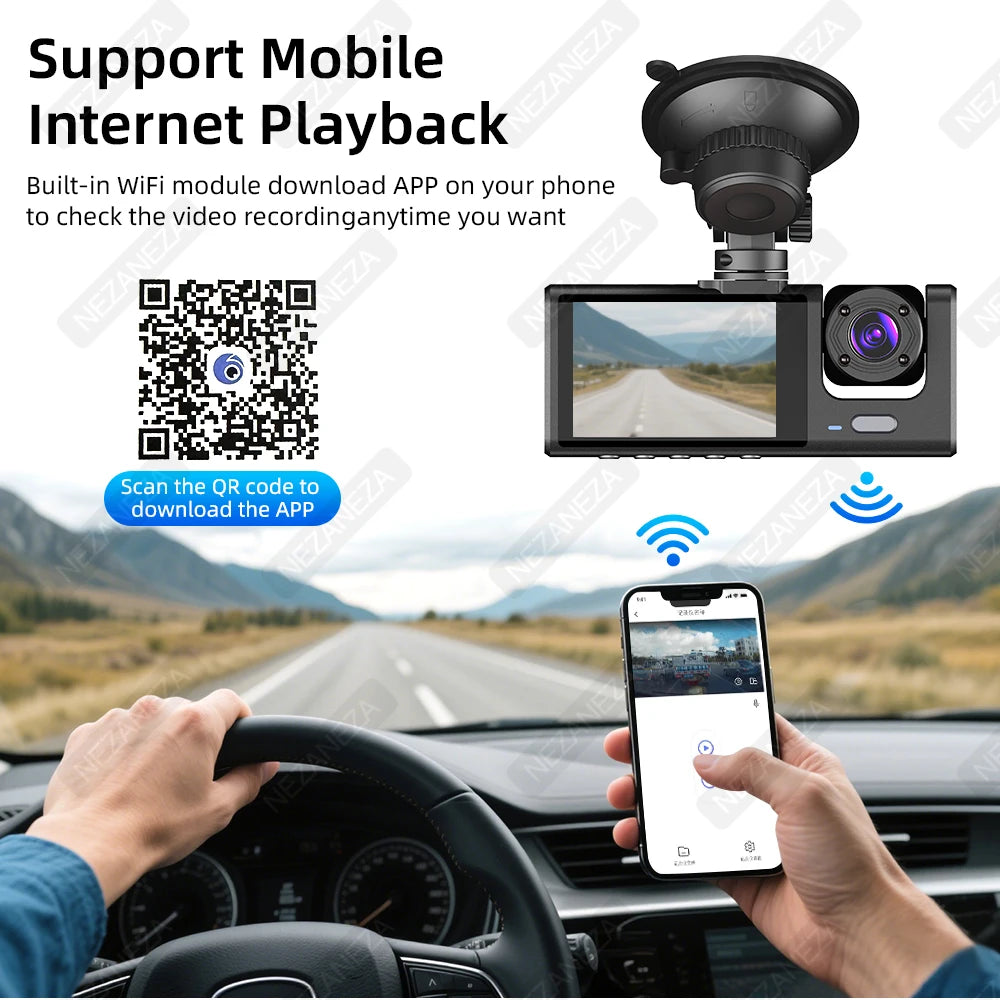1080P DVR Car Recorder HD 3-Lens Inside Infrared Night Vision 3 Cameras Gravity Sensor Universal IPS Safe Driving Video Recorder