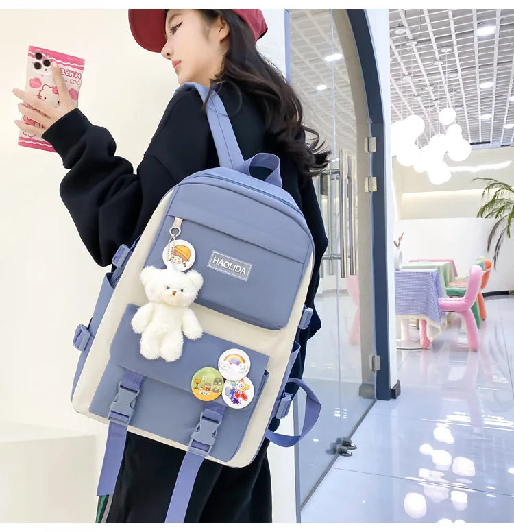 Autumn New Canvas Backpack Women's Korean Version Large Capacity Five-Piece Set Middle School Student Backpack College Student S