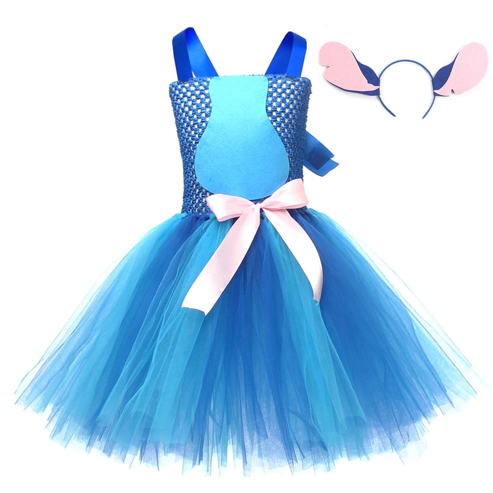 Movie Girls Alien Dog Costume Cartoon Blue Tulle Festival Dress Lilo Tutu Dress Maia Kealaha  Live-action Character Dress Up