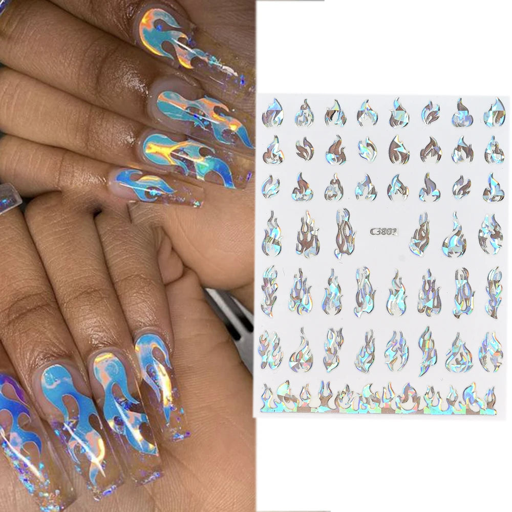 Glitter Flame Nail Art Set – Self-Adhesive Silver Stickers with Butterfly Foil for Manicure Magic