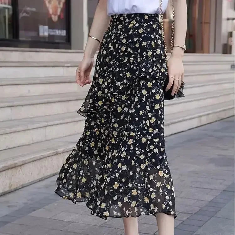 Midi Women's Skirt Chiffon New In Female Skirts Streetwear Harajuku Modest Summer 2024 Clothing Sales Chic and Elegant Aesthetic