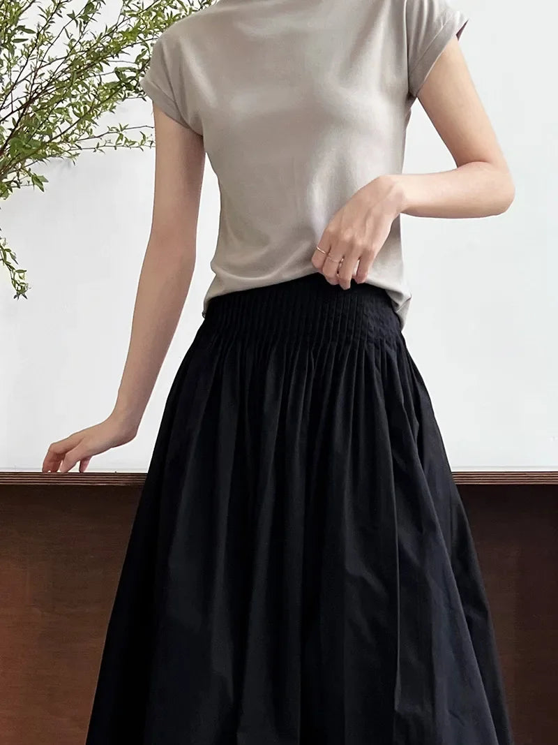 Elegant High-Waisted Pink A- Line Skirt Sweet Umbrella Design Sensibility Plenty of Pleats Medium-Length Women's Fashion