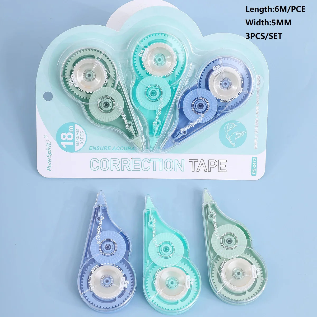 3-Pack Film-Based Correction Tape – White Mistake Out with Transparent 5mm Dispenser (16.4ft) for School & Office Use