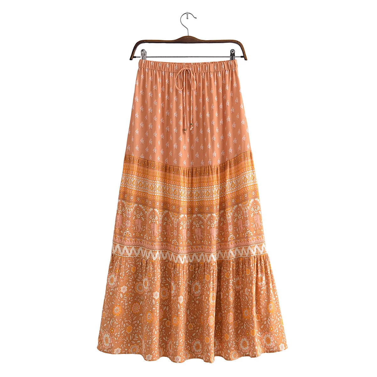 2022 BOHO Orange Flower Print Long Skirt Spliced Ruched Ruffle Hem Hippie Women Ball Tassel Bow Waist Swing Skirts Holiday