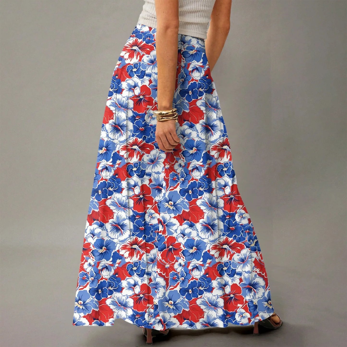 Women's Straight Skirt Casual Summer Floral Print Bohemian Skirt Flowing Maxi Skirts with pockets High waist Elastic skirt