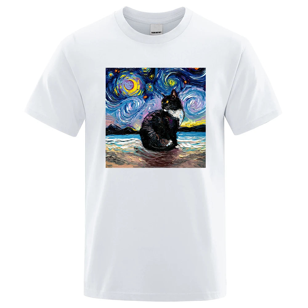 Cat Starry Sky Universe Funny Tshirt Men Casual Breathable Summer Tshirts Oversized Loose T Shirt Brand Cotton Clothing Man