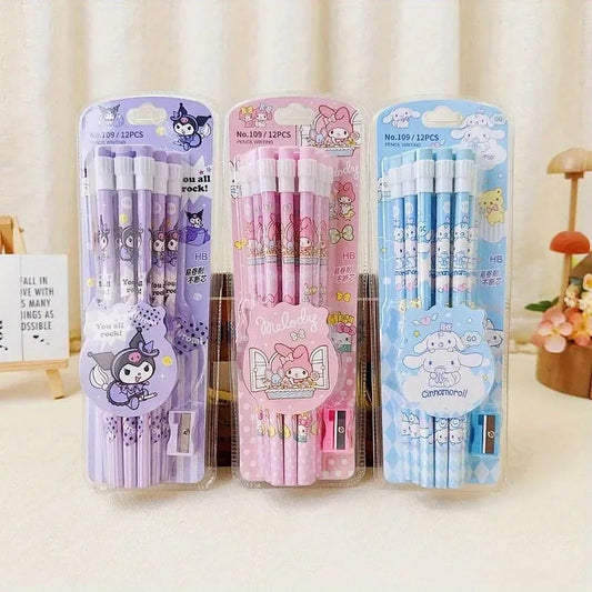 Sanrio Magic Pencil Set – 12 Cute HB Pencils + 1 Roller Box Featuring Cinnamoroll & Kuromi for Writing & Drawing Fun