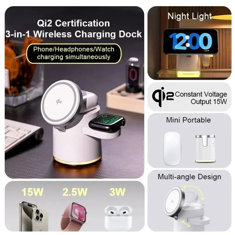 Fast Charging Dock Stand QI2 Wireless Charger Night Light 4 in 1 For Magsafe iPhone 16 15 14 Pro Max Airpods Pro 2-8 Apple Watch