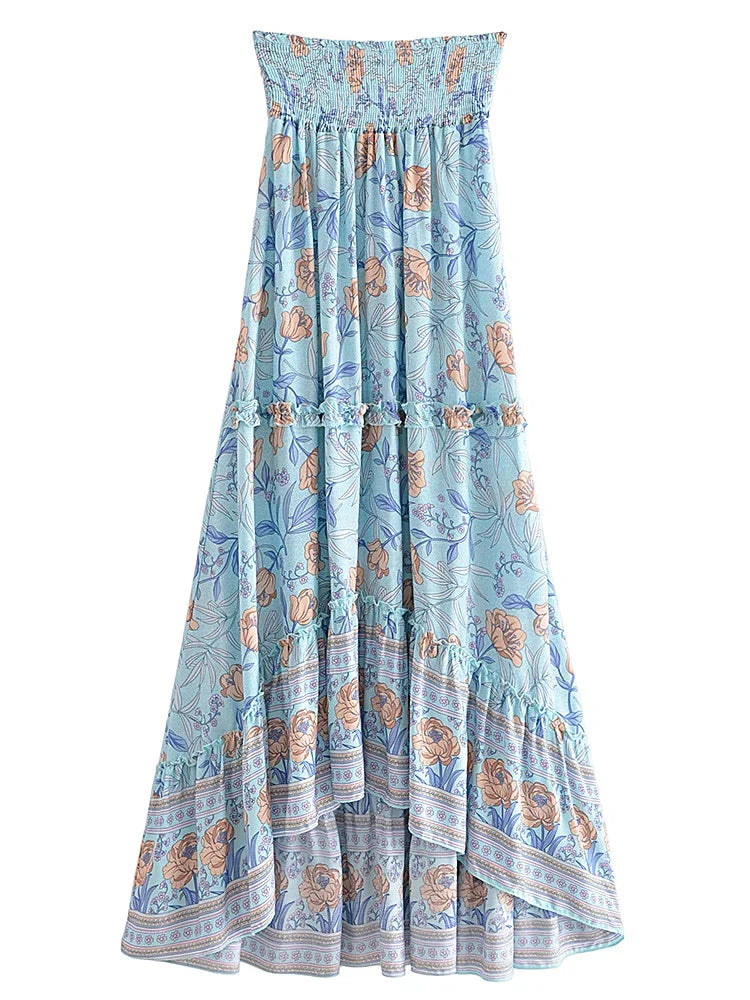 Vintage Chic Summer Fashion Women Floral Print Beach Bohemian Long Skirts High Elastic Waist Maxi  A-Line Boho Skirt Femme