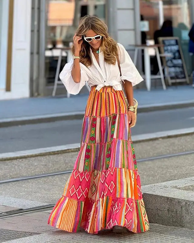Printed Ruffles A-line Skirt Women Fashion Casual Bohemian Vacation Commuting Style Loose Long Skirts Trendy Female Clothing