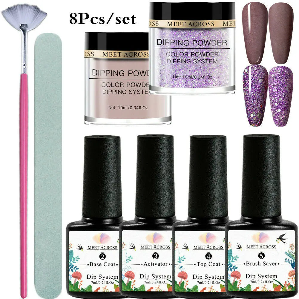 8 Colors Dip Powder Nail Set – Classic Nude Pink & Glitter Collection for DIY Salon Nails